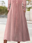 Plain Loose Lace V Neck H-Line Casual Long Sleeve Midi Dress