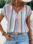 Striped Buckle V Neck Short Sleeve Casual Shirt