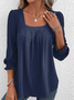 Jacquard Plain Square Neck Loose Casual Long Sleeve T-Shirt