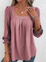 Jacquard Plain Square Neck Loose Casual Long Sleeve T-Shirt