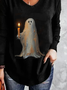 Loose V Neck Halloween Casual Jersey Long Sleeve T-Shirt With Little Ghost Logo