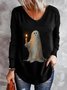 Loose V Neck Halloween Casual Jersey Long Sleeve T-Shirt With Little Ghost Logo