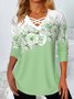 Contrasting Floral Loose V neck Knit Jersey Long Sleeve T-Shirt