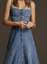 Vintage Plain Square Neck Button Denim Maxi Cami Dress