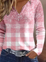Classic Check Patchwork Casual Gradient Plaid Buttoned Notched Neck Long Sleeve T-Shirt