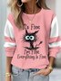 Text Letters Print Cat Color Block Knitted Casual Crew Neck H-Line Sweatshirt