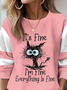 Text Letters Print Cat Color Block Knitted Casual Crew Neck H-Line Sweatshirt