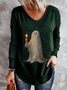 Loose V Neck Halloween Casual Jersey Long Sleeve T-Shirt With Little Ghost Logo