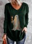 Plus Size Casual Halloween Little Ghost Loose V Neck Long Sleeve T-Shirt