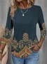 Ethnic Loose Casual Jersey Crew Neck H-Line Long Sleeve Daily Commuting T-Shirt