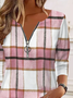 Casual Plaid Printed Jersey Notched T-Shirt