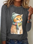 Women's Winter Vintage Cat Casual Cotton-Blend Crew Neck Long Sleeve Shirt