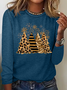 Christmas Tree Leopard Daily Regular Fit Casual Crew Neck Cotton-Blend H-Line Long Sleeve Shirt