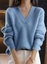 Yarn/Wool Winter Warmth Casual Plain High-Elastic V neck Fleece Loose Long Sleeve Sweater