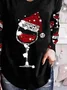 Plus Size Christmas Wine Glass Logo Print Tunic Loose V Neck Holiday Casual H-Line Long Sleeve T-Shirt