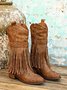 Vintage Rivet Fringe Block Heel Western Boots