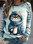 Cat Print Daily Casual Loose Crew Neck H-Line Striped Long Sleeve Sweatshirt