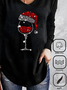 Plus Size Christmas Wine Glass Casual Cotton-Blend Loose T-Shirt