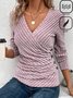Daily Casual Buttoned Waist Fold Design V Neck Plain Regular Fit Long Sleeve T-Shirt