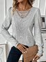 Lace Crochet Design Casual Knitted Crew Neck Plain H-Line Long Sleeve T-Shirt