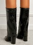 Minimalist Embossed Turn-Up Chunky Heel Mid-Calf Boots