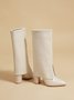 Minimalist Embossed Turn-Up Chunky Heel Mid-Calf Boots