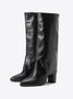 Minimalist Embossed Turn-Up Chunky Heel Mid-Calf Boots