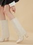 Minimalist Embossed Turn-Up Chunky Heel Mid-Calf Boots