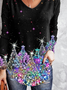 Plus Size Christmas Tree Print Jersey Loose Casual V Neck T-Shirt