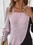 Plain Knitted Square Neck Daily Casual H-Line Buckle Long Sleeve T-Shirt