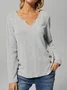 Buckle Plain Notched Neck Long Sleeve H-Line Rib Fabric Casual T-Shirt