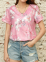 Cotton Floral V Neck Casual Loose H-Line Short Sleeve T-Shirt