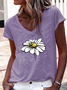 Cotton-Blend V Neck Casual Floral T-Shirt