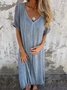 V Neck Casual Cotton And Linen Dress With No