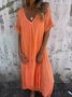 V Neck Casual Cotton And Linen Dress With No