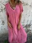 V Neck Casual Cotton And Linen Dress With No