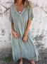 V Neck Casual Cotton And Linen Dress With No