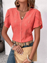 Women's Short Sleeve Blouse Summer Plain Buttoned Notched Neck Petal Sleeve Daily Going Out Simple Top