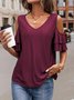 Off Shoulder Sleeve Plain Loose Casual V Neck T-Shirt