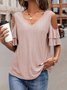 Off Shoulder Sleeve Plain Loose Casual V Neck T-Shirt