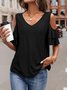 Off Shoulder Sleeve Plain Loose Casual V Neck T-Shirt