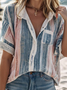 Women's Short Sleeve Shirt Summer Blue Striped V Neck Daily  Casual Top