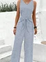 Striped Cotton V Neck Casual Jumpsuit With No