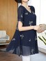 Women's Half Sleeve Blouse Summer Dark Blue Butterfly Embroidery Chiffon V Neck Daily Going Out Casual Top