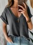 Casual Loose V Neck Plain Shirt