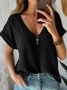 Casual Loose V Neck Plain Shirt