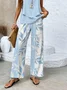 Women's Floral Leaf Two-Piece Set Light Blue Casual Summer Top with Pants