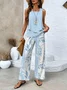 Women's Floral Leaf Two-Piece Set Light Blue Casual Summer Top with Pants