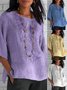 Women's Short Sleeve Shirt Summer Purple Plain Embroidery Cotton Crew Neck Daily Casual Top