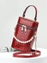 Elegant Crocodile Embossed Faux Pearls Beaded MIni Handbag with Detachable Crossbody Strap